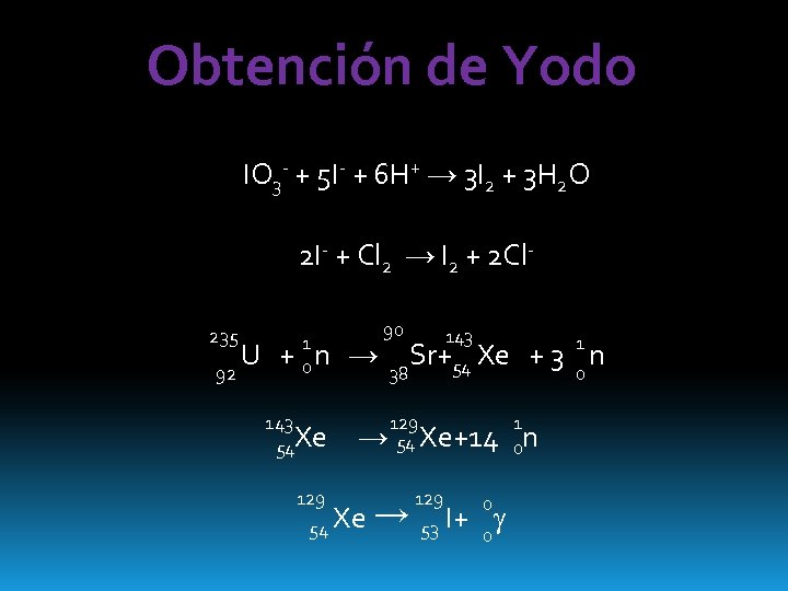 Obtención de Yodo IO 3 - + 5 I- + 6 H+ → 3