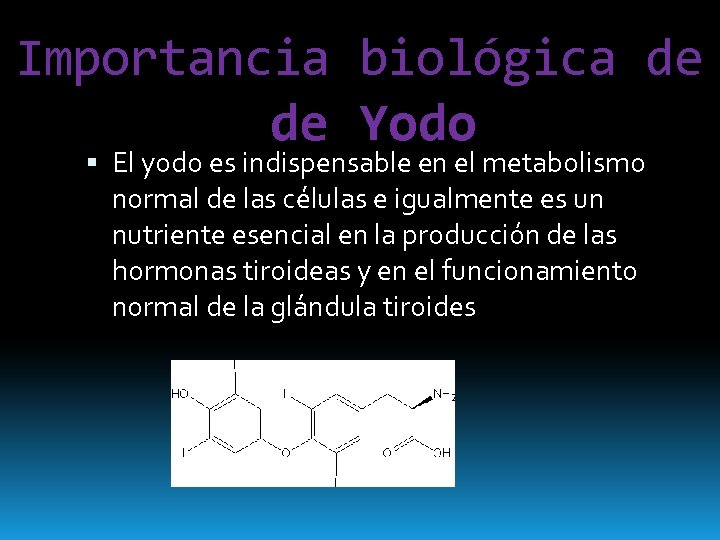 Importancia biológica de de Yodo El yodo es indispensable en el metabolismo normal de