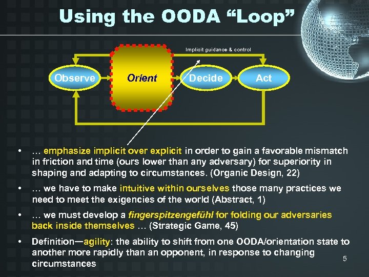 Using the OODA “Loop” Implicit guidance & control Observe Orient Decide Act • …