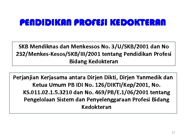 PENDIDIKAN PROFESI KEDOKTERAN SKB Mendiknas dan Menkessos No. 3/U/SKB/2001 dan No 232/Menkes-Kesos/SKB/III/2001 tentang Pendidikan