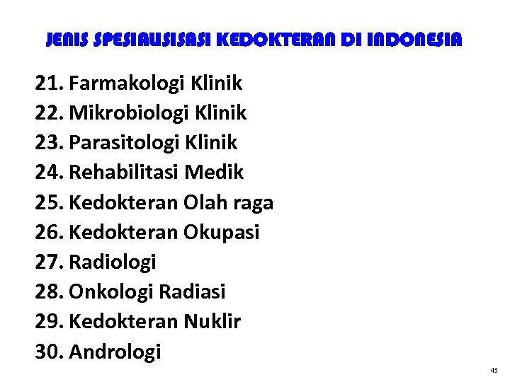 JENIS SPESIALISISASI KEDOKTERAN DI INDONESIA 21. Farmakologi Klinik 22. Mikrobiologi Klinik 23. Parasitologi Klinik