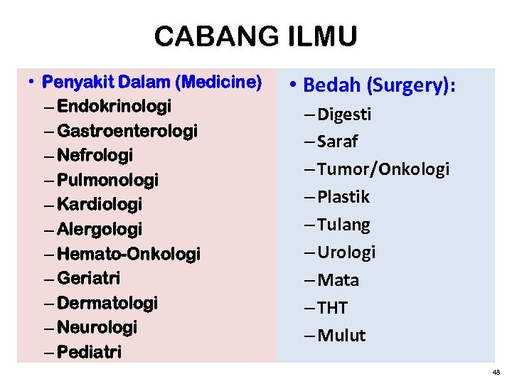 CABANG ILMU • Penyakit Dalam (Medicine) – Endokrinologi – Gastroenterologi – Nefrologi – Pulmonologi