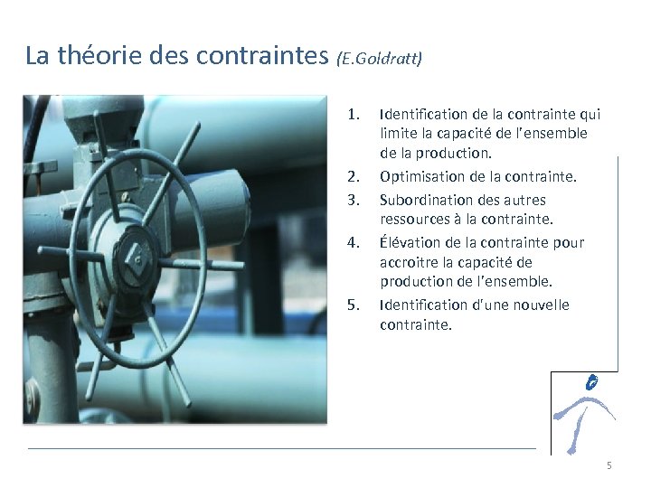 La théorie des contraintes (E. Goldratt) 1. 2. 3. 4. 5. Identification de la