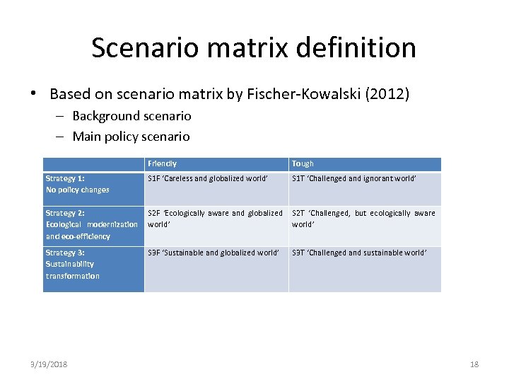 Scenario matrix definition • Based on scenario matrix by Fischer Kowalski (2012) – Background