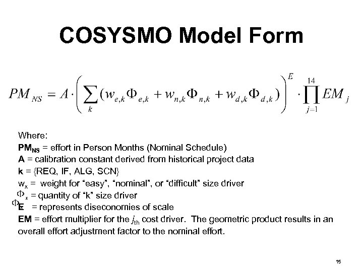 COSYSMO Model Form Where: PMNS = effort in Person Months (Nominal Schedule) A =