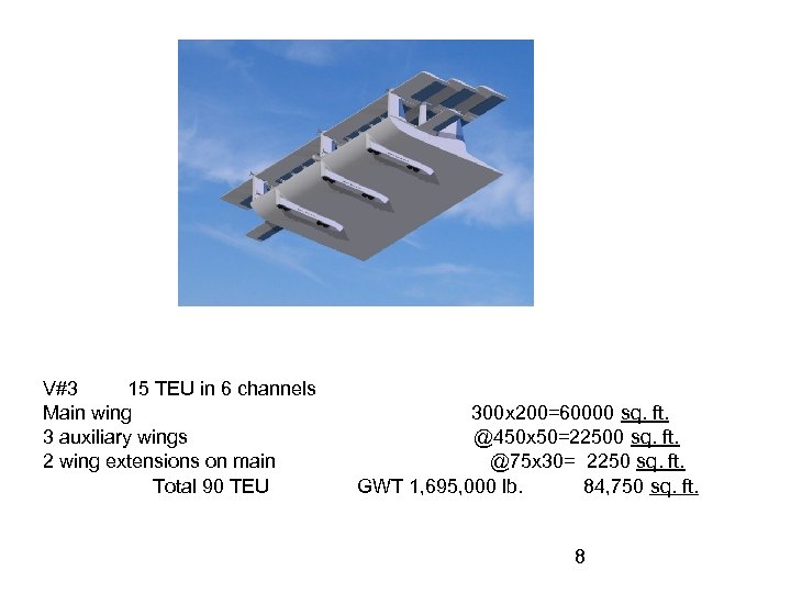  V#3 15 TEU in 6 channels Main wing 300 x 200=60000 sq. ft.