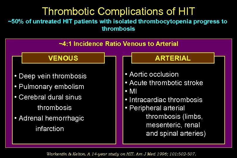 Thrombotic Complications of HIT ~50% of untreated HIT patients with isolated thrombocytopenia progress to