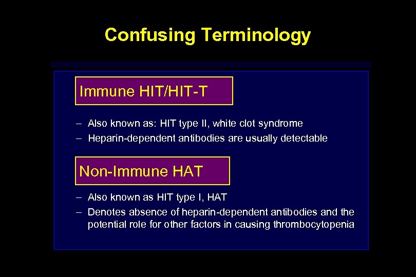 Confusing Terminology Immune HIT/HIT-T – Also known as: HIT type II, white clot syndrome