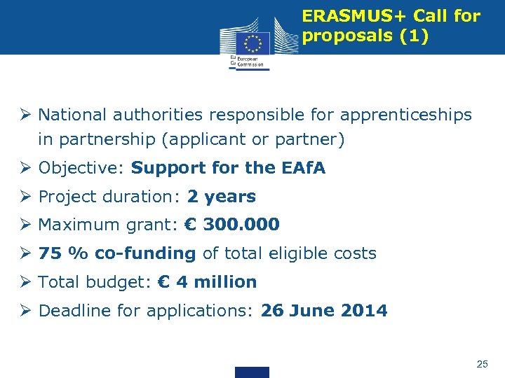 ERASMUS+ Call for proposals (1) Ø National authorities responsible for apprenticeships in partnership (applicant