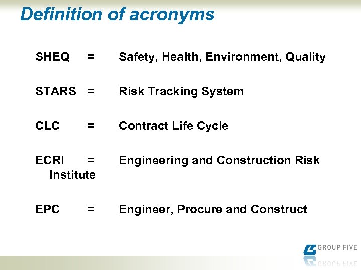 Definition of acronyms SHEQ = Safety, Health, Environment, Quality STARS = Risk Tracking System