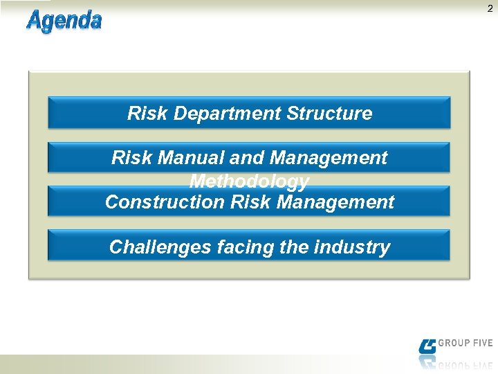 2 Risk Department Structure Risk Manual and Management Methodology Construction Risk Management Challenges facing