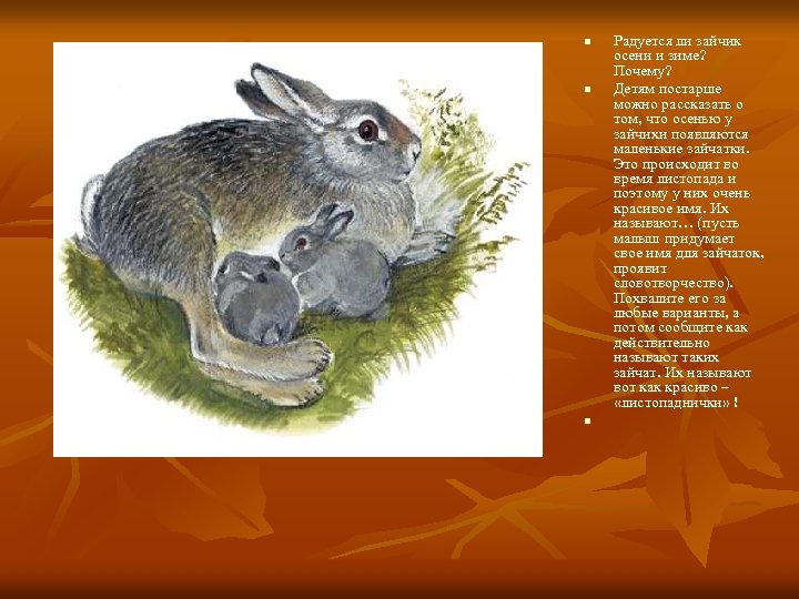 n n n Радуется ли зайчик осени и зиме? Почему? Детям постарше можно рассказать