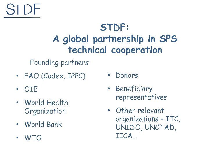 STDF: A global partnership in SPS technical cooperation Founding partners • FAO (Codex, IPPC)