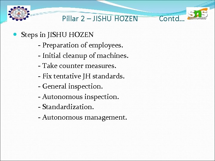 Pillar 2 – JISHU HOZEN Steps in JISHU HOZEN - Preparation of employees. -