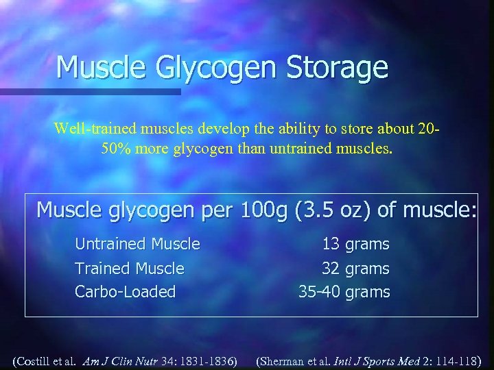 Muscle Glycogen Storage Well-trained muscles develop the ability to store about 2050% more glycogen