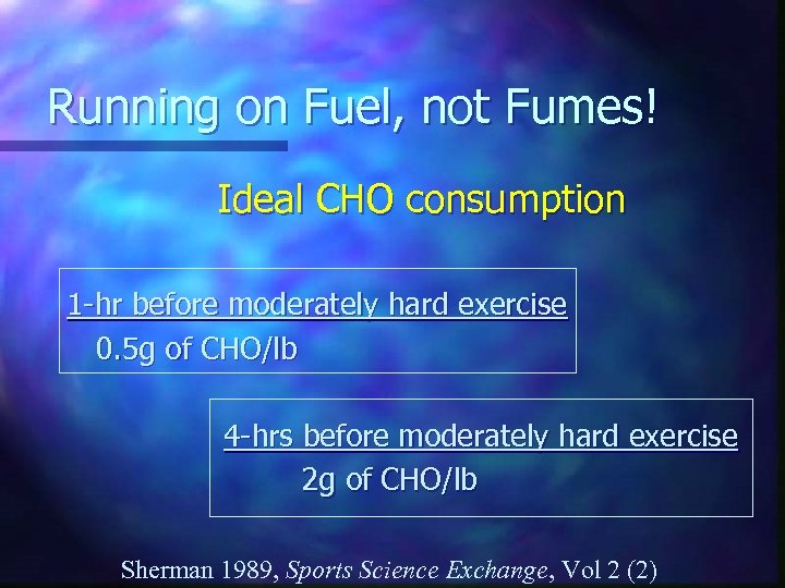 Running on Fuel, not Fumes! Ideal CHO consumption 1 -hr before moderately hard exercise