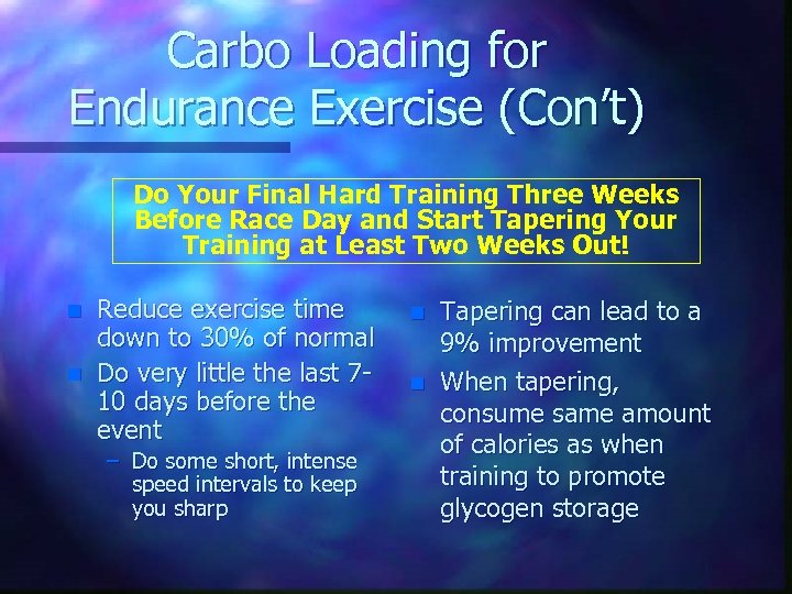 Carbo Loading for Endurance Exercise (Con’t) Do Your Final Hard Training Three Weeks Before