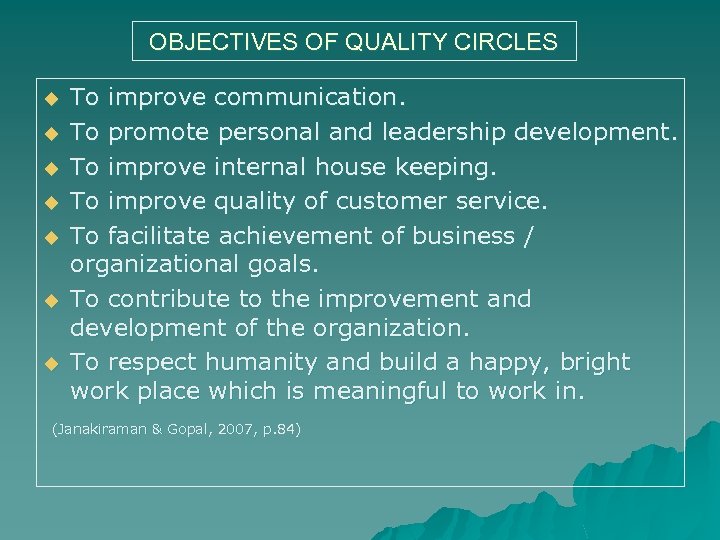 OBJECTIVES OF QUALITY CIRCLES u u u u To improve communication. To promote personal