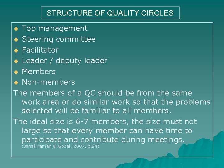 STRUCTURE OF QUALITY CIRCLES Top management u Steering committee u Facilitator u Leader /