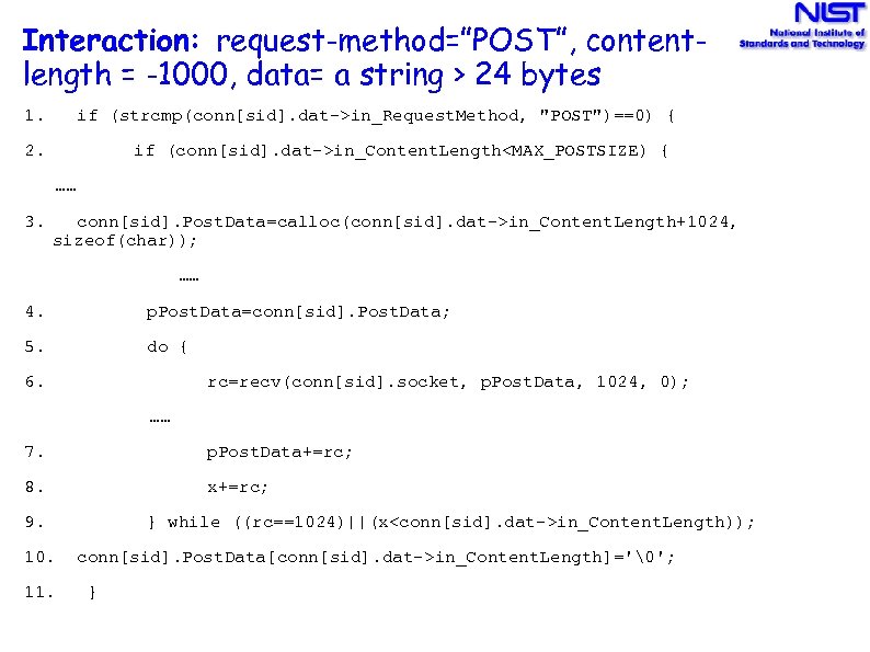 Interaction: request-method=”POST”, contentlength = -1000, data= a string > 24 bytes 1. if (strcmp(conn[sid].