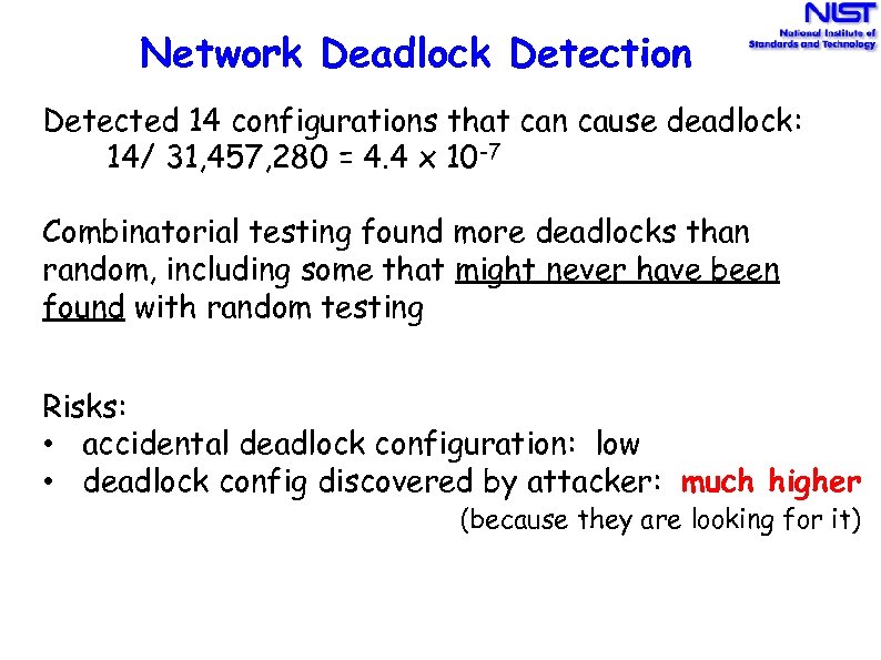 Network Deadlock Detection Detected 14 configurations that can cause deadlock: 14/ 31, 457, 280