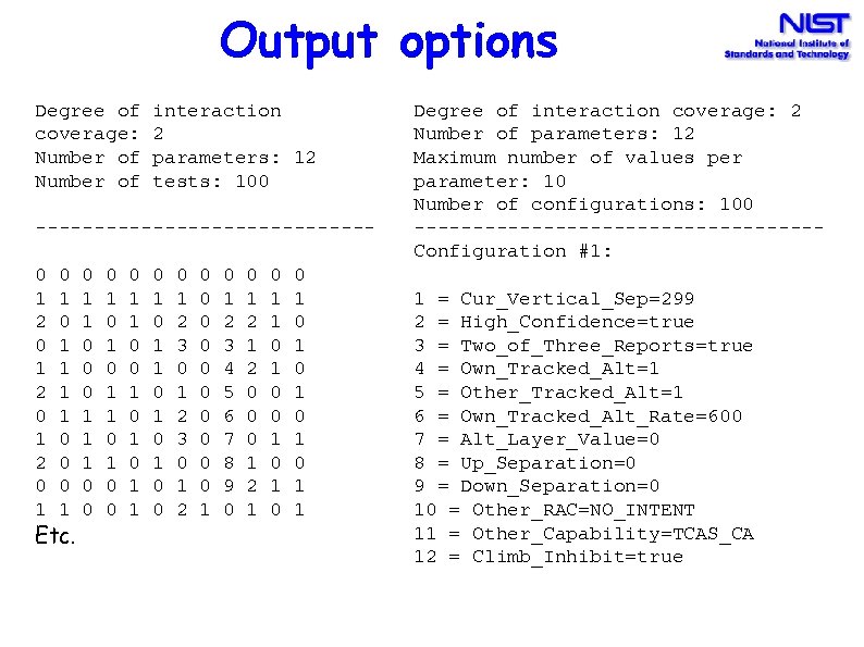 Output options Degree of coverage: Number of interaction 2 parameters: 12 tests: 100 --------------0