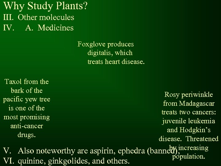 Why Study Plants? III. Other molecules IV. A. Medicines Foxglove produces digitalis, which treats