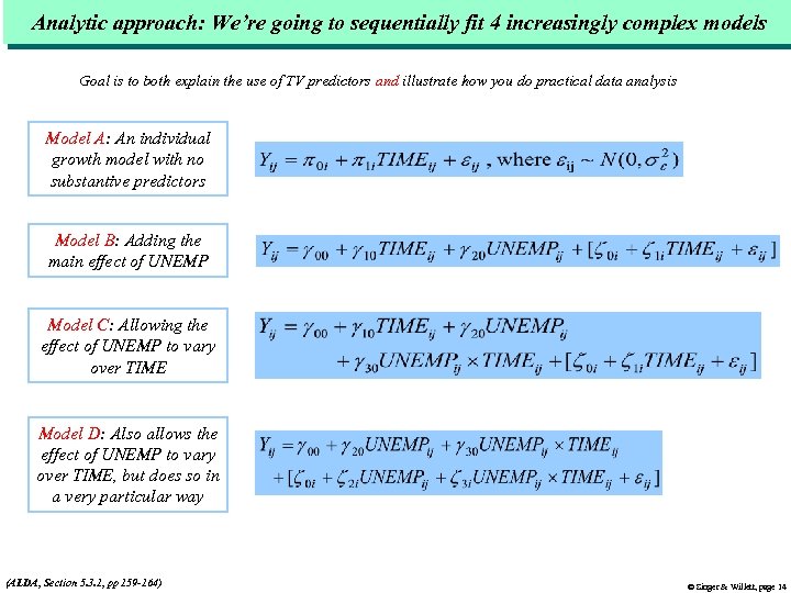 Analytic approach: We’re going to sequentially fit 4 increasingly complex models Goal is to