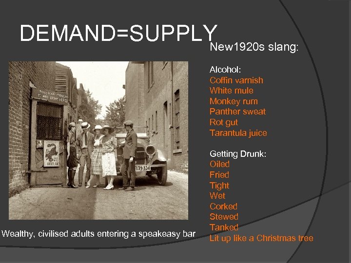 DEMAND=SUPPLY New 1920 s slang: Alcohol: Coffin varnish White mule Monkey rum Panther sweat