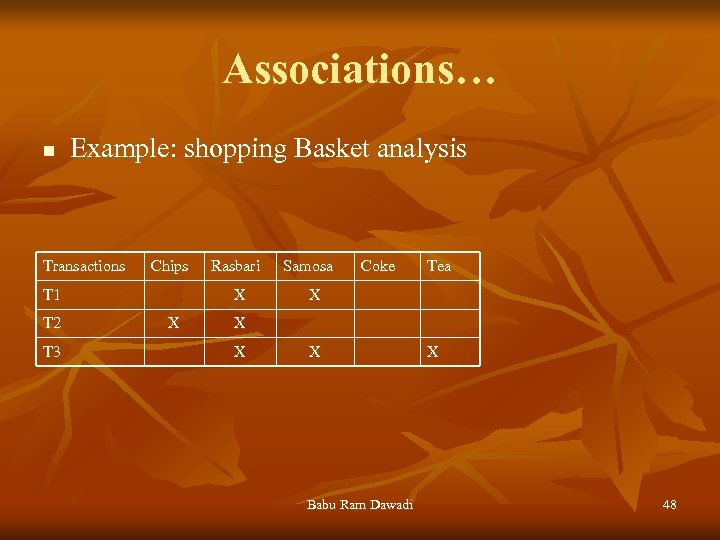 Associations… n Example: shopping Basket analysis Transactions Chips T 1 T 2 T 3