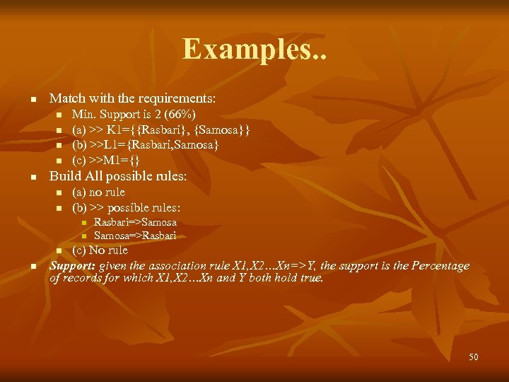 Examples. . n Match with the requirements: n n n Min. Support is 2