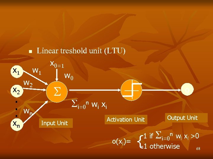 Linear treshold unit (LTU) x 0=1 w 0 n x 1 x 2 .