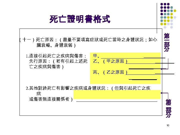 死亡證明書格式 （十一）死亡原因：（盡量不要填寫症狀或死亡當時之身體狀況；如心 臟衰竭、身體衰弱） 1. 直接引起死亡之疾病與傷害： 先行原因：（若有引起上述死 亡之疾病與傷害） 第 一 部 分 甲、__________ 乙、（甲之原因） _______