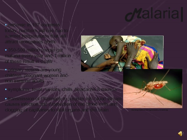 Malaria| • endemic in 107 countries today; numbers will rise due to warmer temperatures