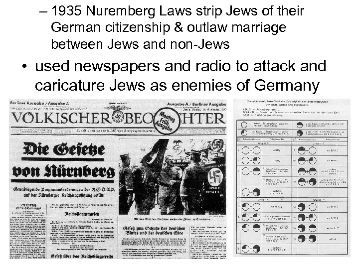 – 1935 Nuremberg Laws strip Jews of their German citizenship & outlaw marriage between