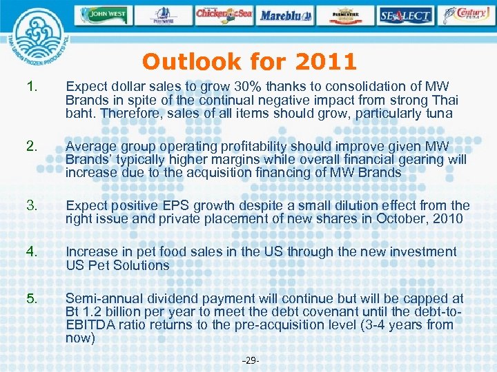 Outlook for 2011 1. Expect dollar sales to grow 30% thanks to consolidation of