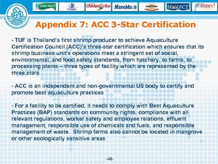 Appendix 7: ACC 3 -Star Certification - TUF is Thailand’s first shrimp producer to