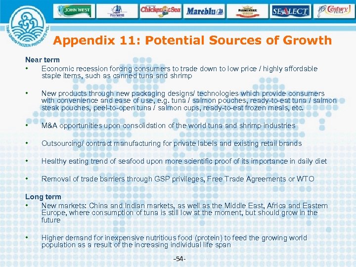 Appendix 11: Potential Sources of Growth Near term • Economic recession forcing consumers to