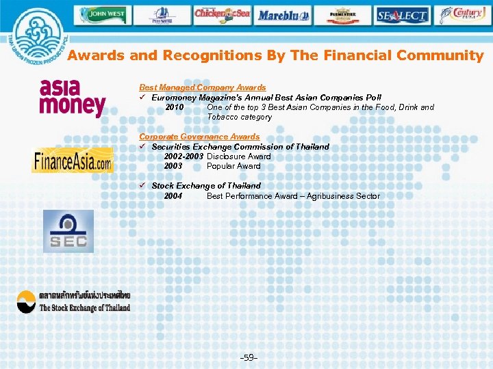 Awards and Recognitions By The Financial Community Best Managed Company Awards ü Euromoney Magazine’s