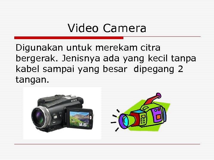 Video Camera Digunakan untuk merekam citra bergerak. Jenisnya ada yang kecil tanpa kabel sampai