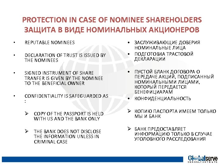 PROTECTION IN CASE OF NOMINEE SHAREHOLDERS ЗАЩИТА В ВИДЕ НОМИНАЛЬНЫХ АКЦИОНЕРОВ • ЗАСЛУЖИВАЮЩИЕ ДОВЕРИЯ