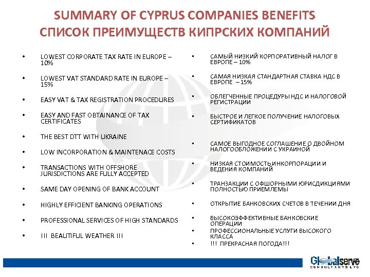 SUMMARY OF CYPRUS COMPANIES BENEFITS СПИСОК ПРЕИМУЩЕСТВ КИПРСКИХ КОМПАНИЙ • LOWEST CORPORATE TAX RATE