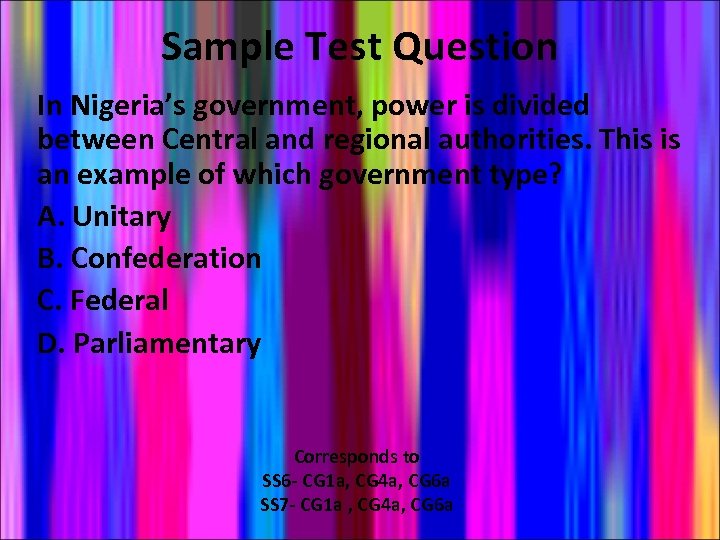 Sample Test Question In Nigeria’s government, power is divided between Central and regional authorities.