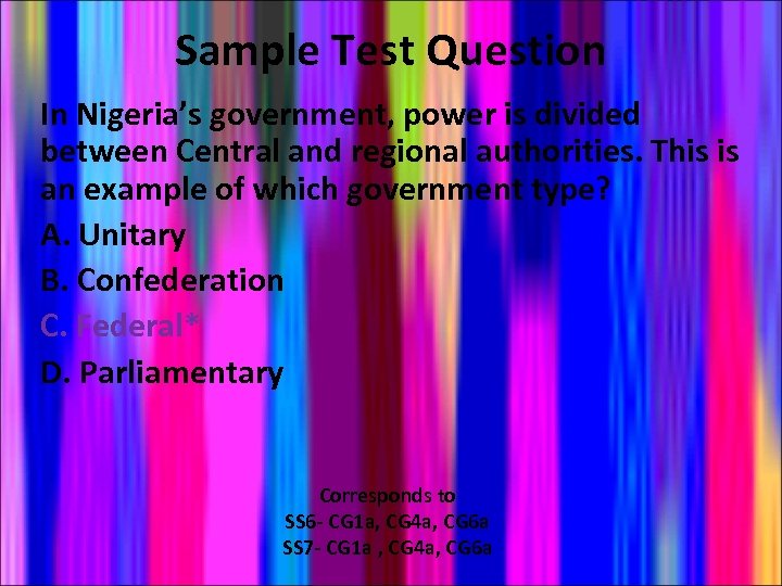 Sample Test Question In Nigeria’s government, power is divided between Central and regional authorities.