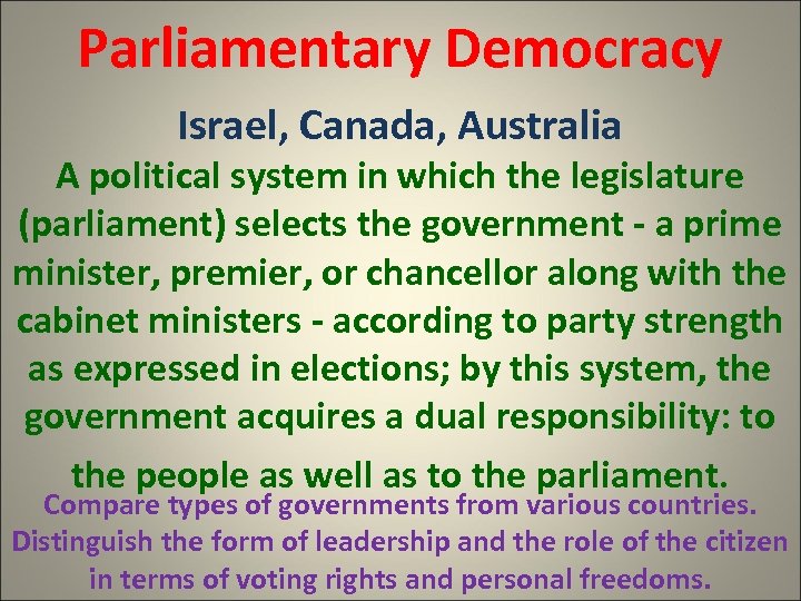 Parliamentary Democracy Israel, Canada, Australia A political system in which the legislature (parliament) selects