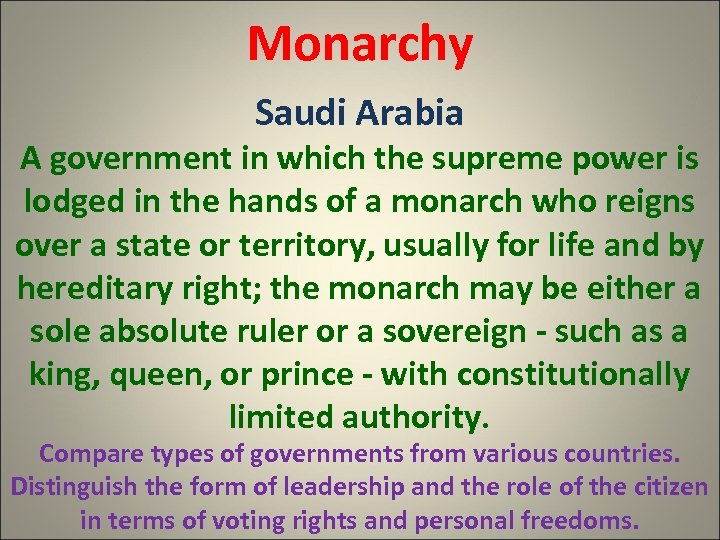 Monarchy Saudi Arabia A government in which the supreme power is lodged in the