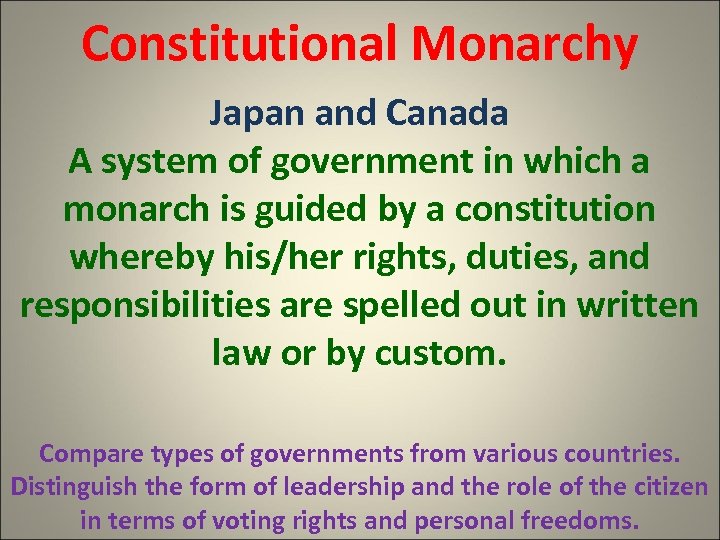 Constitutional Monarchy Japan and Canada A system of government in which a monarch is