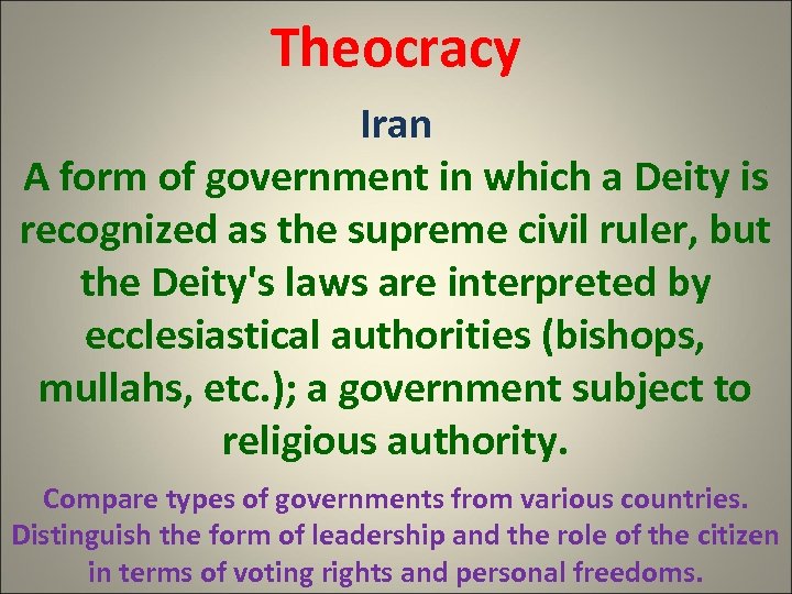 Theocracy Iran A form of government in which a Deity is recognized as the