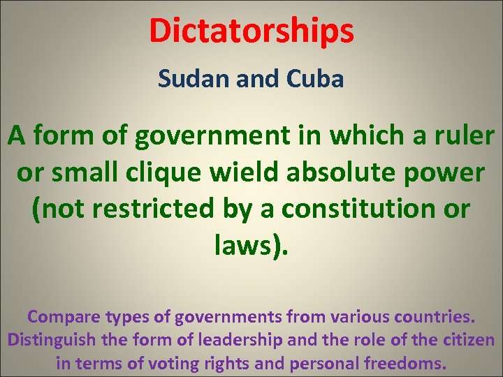 Dictatorships Sudan and Cuba A form of government in which a ruler or small