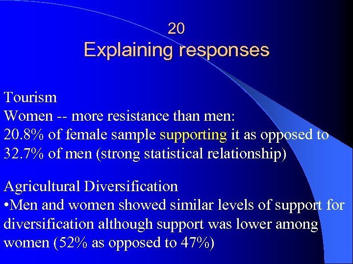 20 Explaining responses Tourism Women -- more resistance than men: 20. 8% of female
